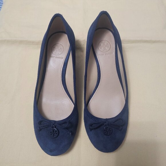 Tory Burch Sally Navy Blue Suede Leather Wedge Pumps Shoes Women’s Size 6 - Picture 4 of 6